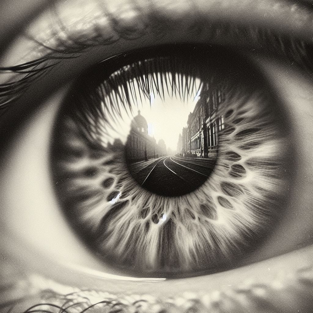 eye with image of road in iris in black and white.
