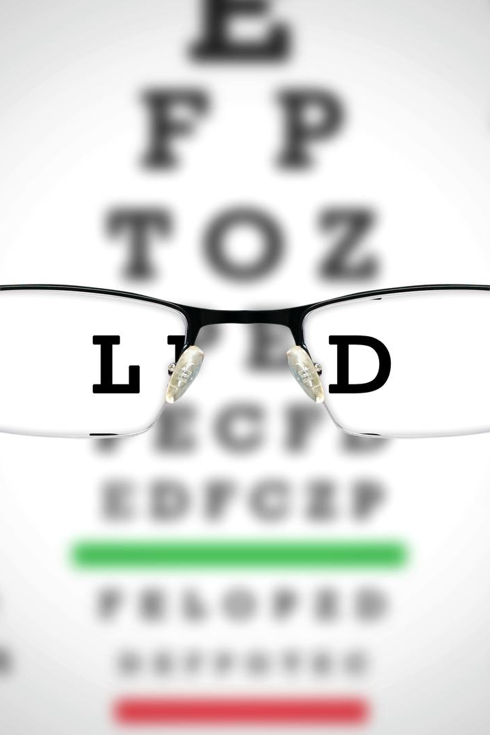 a pair of glasses in front of an eye chart. the background eye chart is blurred. This represents myopia.
