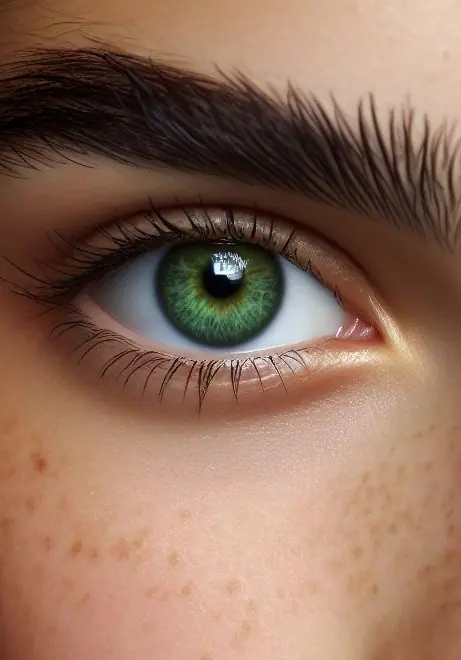 Right green eye with dark eyebrow